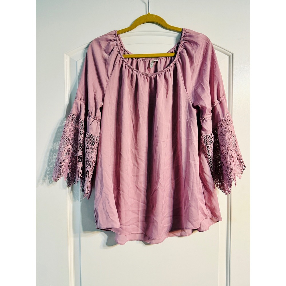 Est. 1946 Blouse Large Mauve Crochet Lace Bell Sleeve Boho Top Cottagecore